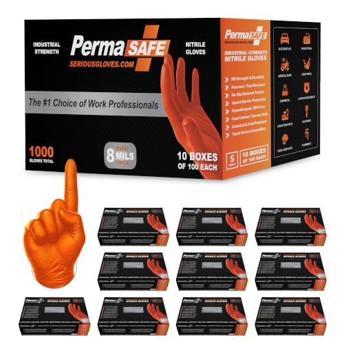 Image of PermaSafe HD Orange Nitrile Gloves | Extreme-Duty 8+ Mil, Industrial Grade Protection | Powder & Latex-Free Nitrile Gloves with Raised Textured Grip | Ideal for Mechanics, Construction, All HD Uses