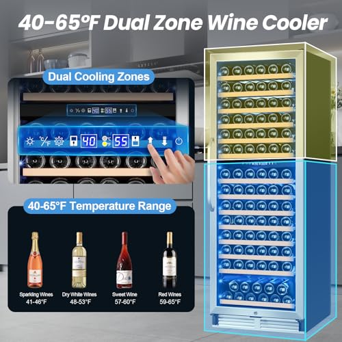180 Bottles Wine Fridge 24 Inch Dual Zone Wine Cooler Refrigerator Freestanding Wine Refrigerator with Glass Door and Safety Lock, Large Wine Cellar for Home, Office, Kitchen