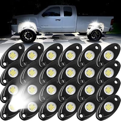 24 Pods White Rock Lights, Heefrole IP68 Waterproof Shakeproof Wide Angle Anti-Corrosion Pure White LED Rock Lights for Trucks Jeep UTV ATV SUV Boat Underglow Lighting Kit