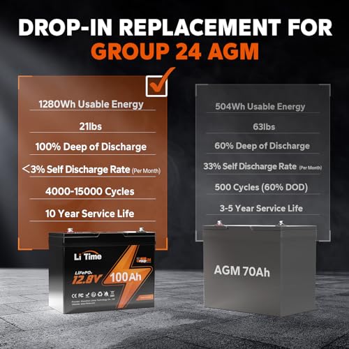 Image of LiTime 12v 100Ah RV & Marine LiFePO4 Battery, 12 Vlot Group 24 Lithium Battery, Up to 15000 Deep Cycles, Built-in 100A BMS, 1280wh Energy for Van, Trailer, Solar, Off-Grid, Trolling Motor 2Pack