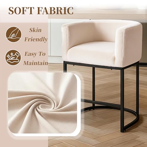 Image of 26 inch Counter Height Bar Stools Set of 1, Linen Fabric Upholstered Barrel Chairs with Back and Arms, Metal Frame Kitchen Island Stools with Footrest, Beige Fabric