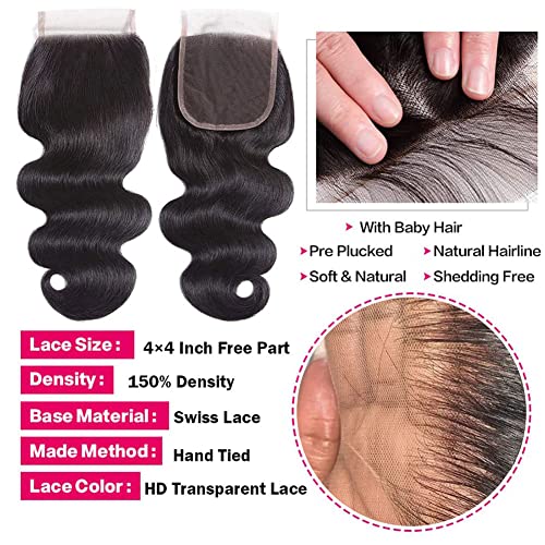 10A Body Wave Human Hair Bundles with Closure(26 28 30+22) Brazilian Body Wave Bundles with Closure Human Hair HD Lace 100% Unprocessed 3 Bundles Virgin Hair Weave Bundles Human Hair with Closure - Image 4