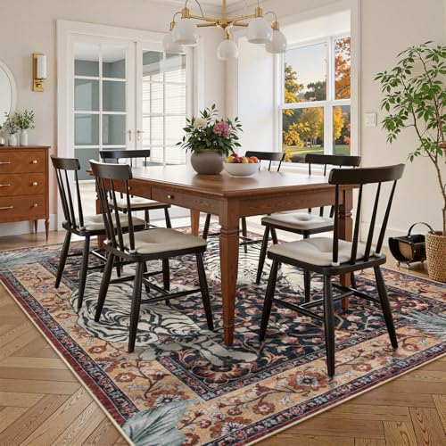 Moynesa Tiger Washable Area Rug, 9x12 Living Room Rug, Vintage Non Slip Large Rug for Dining Room, Ultra Thin Boho Soft Stain Resistant Indoor Carpet for Bedroom Guest Room, Puce Red