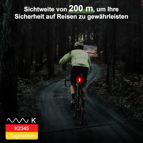 toptrek Rücklicht Fahrrad Sichtweite 200 Metern | Bike Rear Light Led StVZO Zugelassenes | Fahrrad Rücklicht USB-C Aufladbar Batterie | Fahrradlicht Hinten IPX5 Wasserdicht für Rennrad, MTB, E-Bike