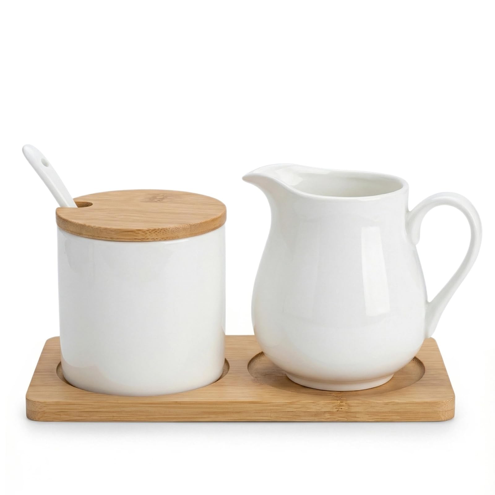 Ceramic Sugar and Creamer Set with Lid Spoon and Wooden pallets, Ceramic Coffee Bar Accessories, Cream Jug Sugar Jar, for Home Milk Coffee, Coffee Serving Set (White)