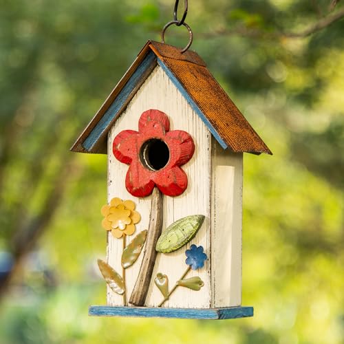 Glitzhome 10.25''H Hanging Birdhouse Washed White Distressed Solid Wood Bird House with 3D Flowers for Outdoor