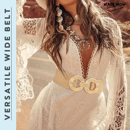 Straw Woven Elastic Belt for Women Fashion Wide Belts Stretchy Boho Belt Ladies Beach Dress Belt with Gold Buckle4