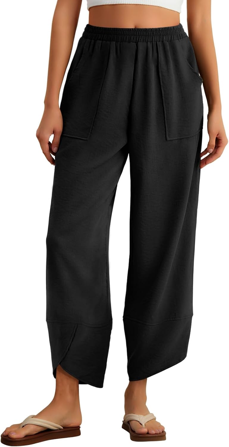 Feiersi Womens Baggy Wide Leg Pants Elastic Waisted Casual Palazzo Harem Pants Summer Beach Trousers