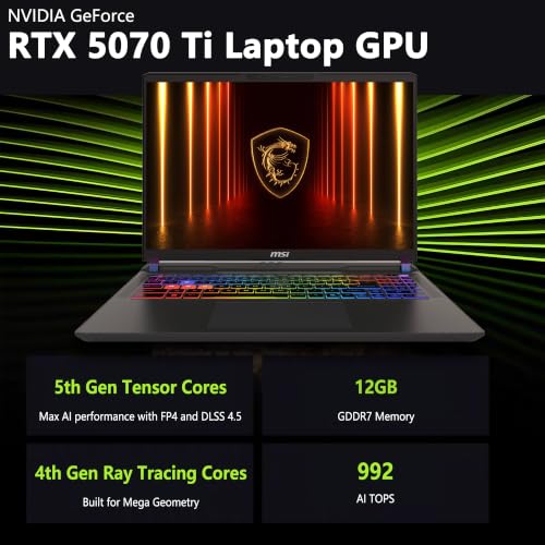 Image of msi Vector 16 HX AI Gaming Laptop | 16 inch QHD+ IPS 240Hz | Intel Core Ultra 7 255HX | 64GB DDR5 1TB SSD | GeForce RTX 5070 Ti (Up to 992 AI Tops) | RGB Backlit Thunderbolt 5 Win11 Pro w /DLCA Accessory