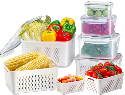 KUMD 5 Pack Fruit Storage Containers for Fridge, Vegetable storage with Airtight Lids, Removable Colander, BPA-Free, Microwave & Dishwasher Safe, Keep Fresh for Salad, Lettuce, Vegetables, Meat