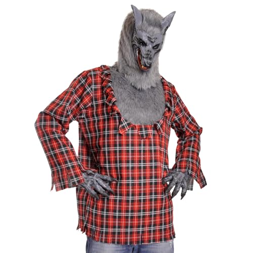 Wildarms Disfraz de Hombre Lobo Hombres: Máscara Realista, Camisa de Cuadros Roja con Pelaje y Guantes de Garras   Ideal para Halloween y Cosplay (M)