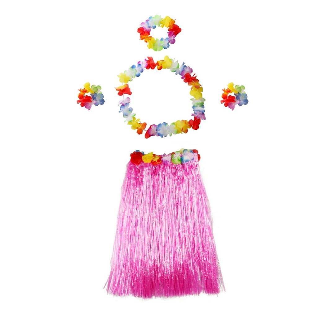 60CM Hawaiian Hula Grass Skirt with Flower Costume Set Elastic Luau Dance Skirts for Women Party Decorations Favors Supplies-Pink