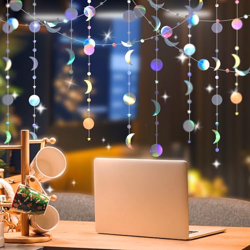 Plstod 4 guirnaldas de papel para colgar, 100 cm, papel brillante multicolor, guirnalda de estrellas de 4 m, iridiscente estrella y luna, guirnalda para fiestas de cumpleaños, carnaval, aniversarios,