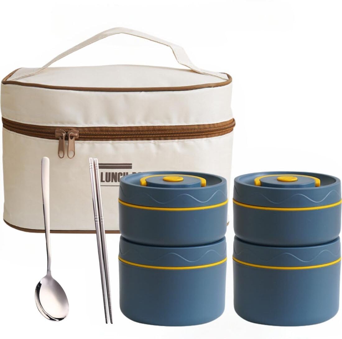 daiDokoro Stainless Steel 4 Insulated Container Lunch Box Set with Thermal Bag & Cutlery for Students/Office/College/Picnic - (Blue, 1940 ML)
