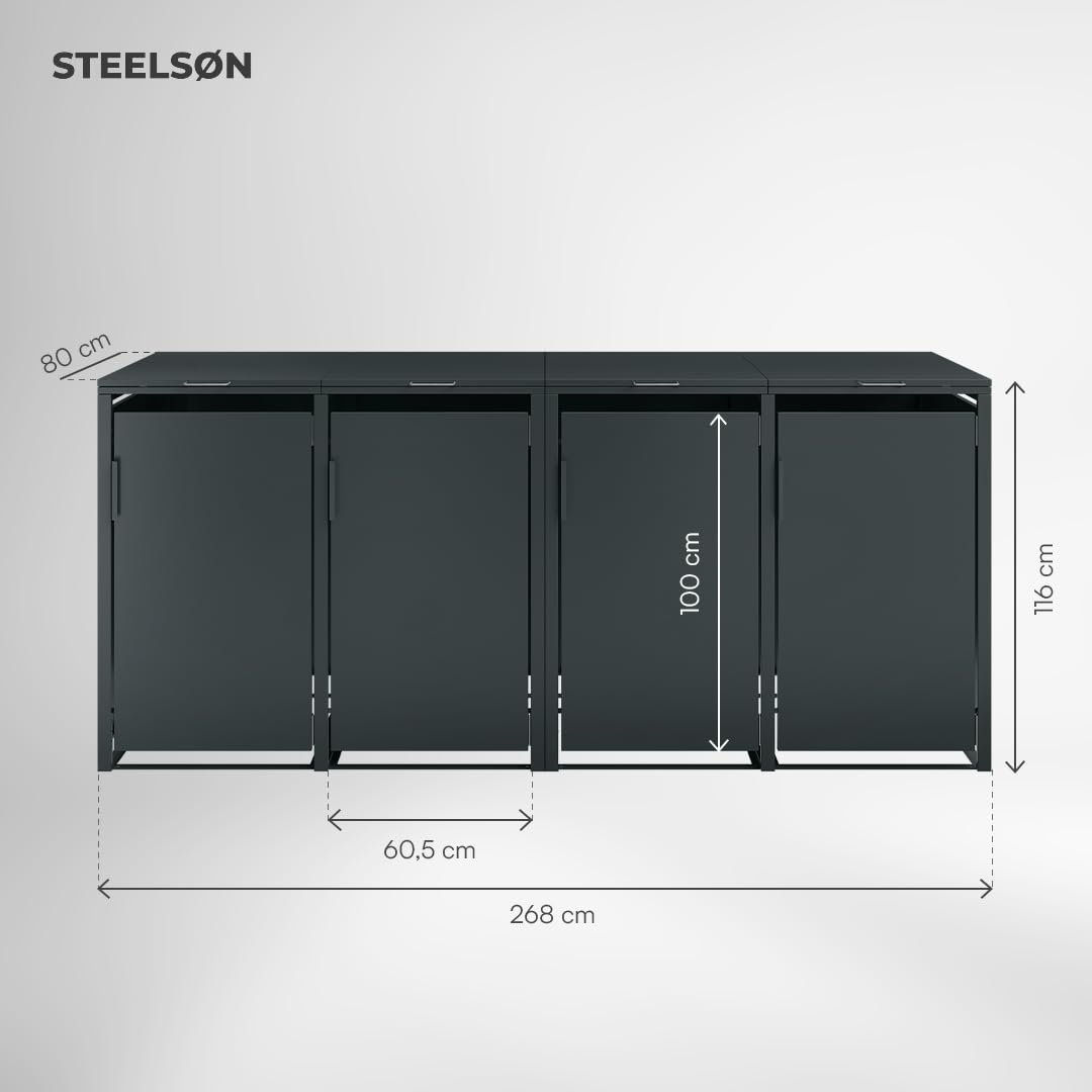STEELSØN Thoria Mülltonnenbox 4er bis 240L – Mülltonnenverkleidung aus Stahl in Anthrazit – hochwertige Müllcontainer für 4 Tonnen – Müllbox wetterfest – UV-beständige Gerätebox/Mülltonnen Box