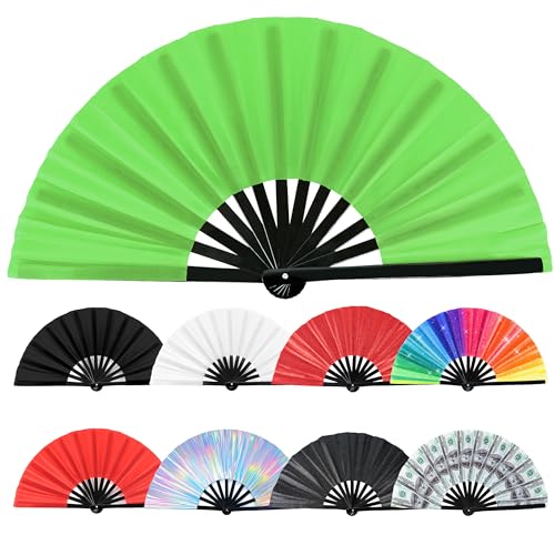 Joyclub 13 inch Boots on The Ground Hand Fan, Large Rave Fan Clack Fan for Line Dancing Bamboo Clapping Folding Popping Fans for Chinese Kungfu Green