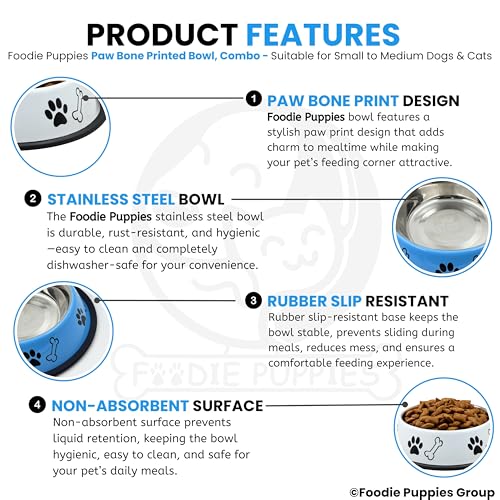 Image of Foodie Puppies Stainless Steel Dog Bowl Combo - (Medium, 700ml) Food and Water Feeding Gift Bowl | Suitable for Dogs, Cats and Other Pets I Paw Bone Print, Anti-Skid Rubber Base (White + Sky Blue)