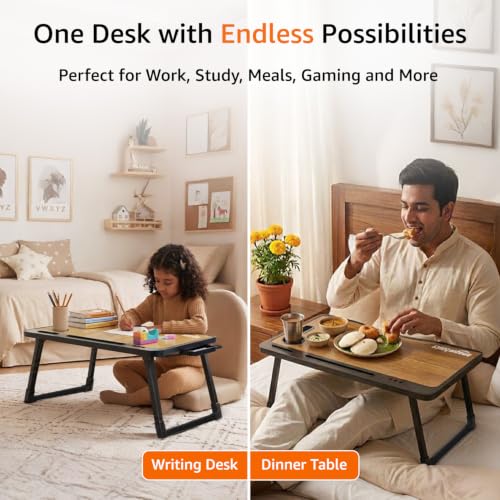 Image of Amazon Basics Engineered Wood Foldable Laptop Table with Cup and Pen Holder, Tablet and Mobile Phone Groove | Mini Drawer, Use for Writing, Bed, Breakfast (60L x 40W x 25H cm, Brown)
