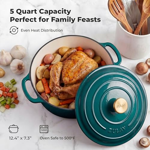 Image of Zulay Kitchen 5 Quart Enameled Cast Iron Dutch Oven Pot with Lid - Premium Durability & Oven Safe up to 500F - Heavy Duty Cookware Perfect for Bread Baking, Stews, Braising & Roasting - Emerald