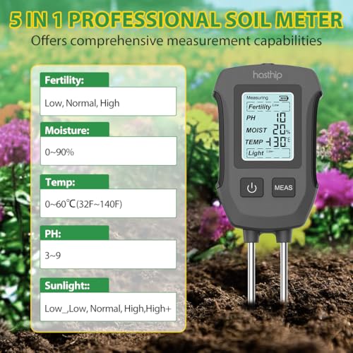 Image of HASTHIP 5 in 1 Soil Meter Dual Probes Soil Moisture Meter for Fertility Moisture Temperature pH Sun Light LCD Digital Display Tester for Precision Agriculture Garden Plants (No Battery