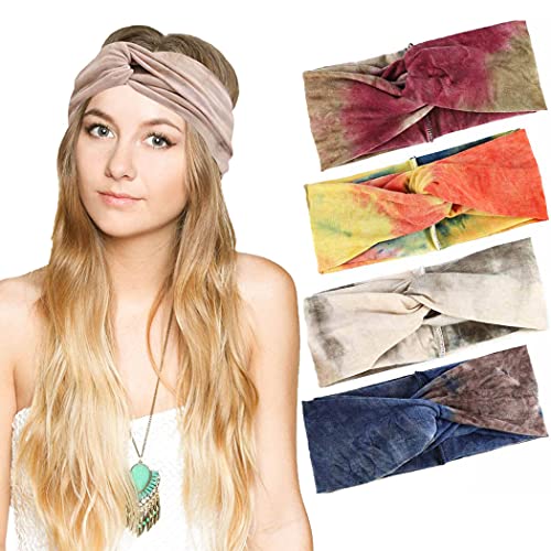 Dreamyn Boho Headbands Criss Cross Headband Vintage Tie Dye Print Headwrap Yoga Sports Hair Bands for Women and Girls 4PCS