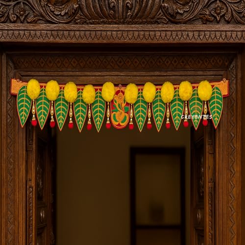 Image of Ganesh Pan Toran With Artificial Marigold Flower Door Diwali Toran For Home Decor,Temple,Pooja Room,All Festival,Embroidery Work. Inches(Ganesh Marigold),38 Inches