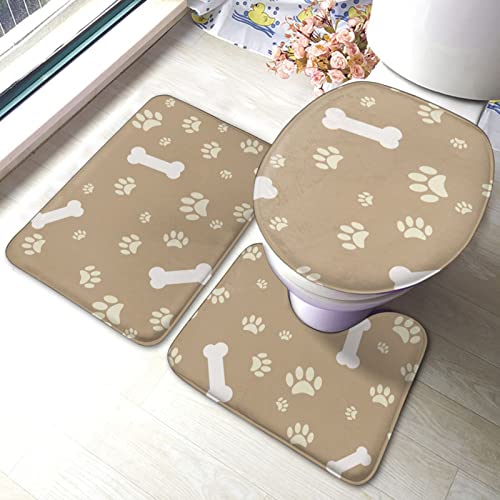 DIRYKILP Badematte + Konturmatte + Toilettendeckelbezug, Hundepfotendruck Knochen 3 Stück Badematten Set, mit rutschfester Klebeunterseite