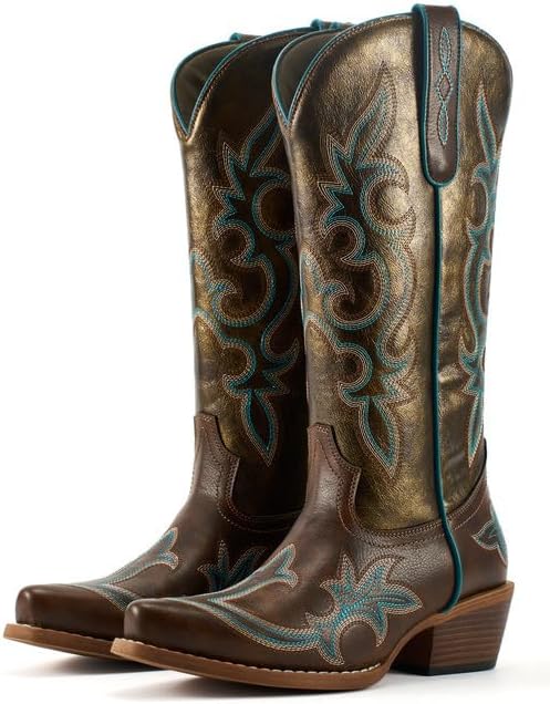 Lante Cowboy Boots for Women - Mid Calf Cowgirl Boots,Chunky Heel Snip Toe Stitched Embroidery Western Boots for Concert Dancing Country Wedding Daily Dating,GOLDEN BN,Size 9.5
