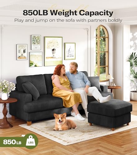 Image of 87in Corduroy Couch, Kidirect Sofa No Tool Assembly, Comfy Couches for Living Room 21in Deeper Seats, Corduroy Sofas for Living Room with 2 Pillows, Oversized Loveseat Sofa, Boho Love Seat Black Couch