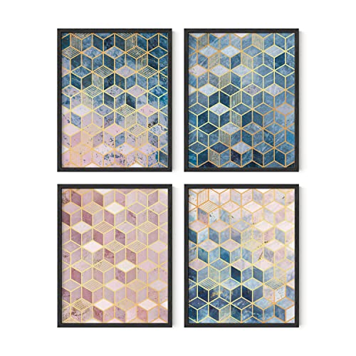 HAUS AND HUES Geometric Wall Art Prints Set - Abstract Wall Art Set of 4 Modern Wall Decor, Modern Abstract Art Posters Contemporary Wall Art Dorm Decor Blue Aesthetic Small Art (Black Frame, 11x14)