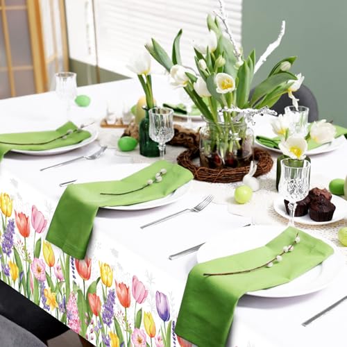 Image of Gistome 3-Piece 54 x 108 Inch Spring Floral Plastic Tablecloth - Colorful Wildflower and Tulip Border Disposable Table Covers for Garden Parties, Baby Showers, Picnics, and Spring Celebrations