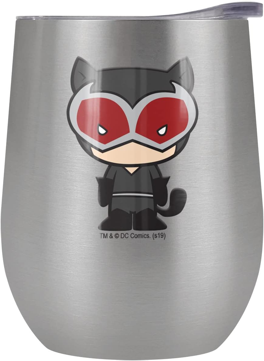 Batman - Catwoman OFFICIAL Catwoman Cute Chibi Character 12 OZ Stemless Wine Tumbler, Stainless Steel Travel Cup|Lake Tumbler|Insulated with Leak Resistant Slide-Lock Lid, Stainless Steel