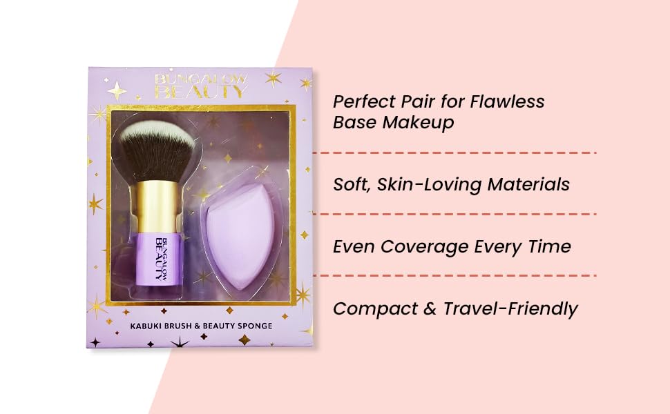 BUNGALOW BEAUTY Premium Kabuki Brush & Blender Set | All Face Makeup & Foundation Brush for Liquid, Cream and Powder Face Makeup | Wet or Dry Makeup (Purple) 1