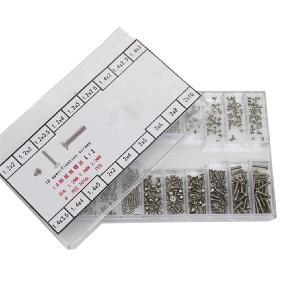 18 Sizes Stainless Steel Mini Screw 1.2mm 1.4mm 2.0mm Diameter Assortment for Watch Back Case Eyeglasses Accessories