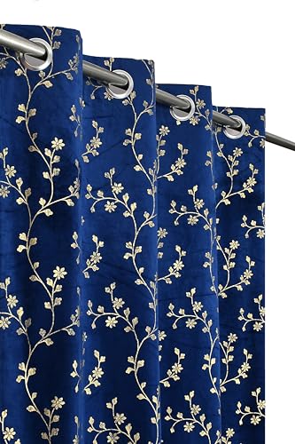 FABDRAPE Heavy Velvet Fabric Room Darkening Floral Design Curtains 5 Feet for Window, Navy Blue, Pack of 2 Pieces