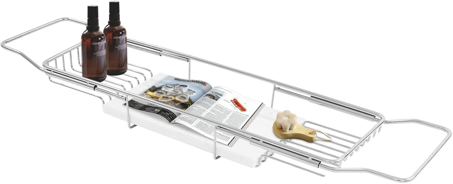 Bandeja Extensible de mármol para bañera de Acero Inoxidable | Bandeja extensible de acero inoxidable y mármol para bañera con soporte para libros, de 68 a 90 cm