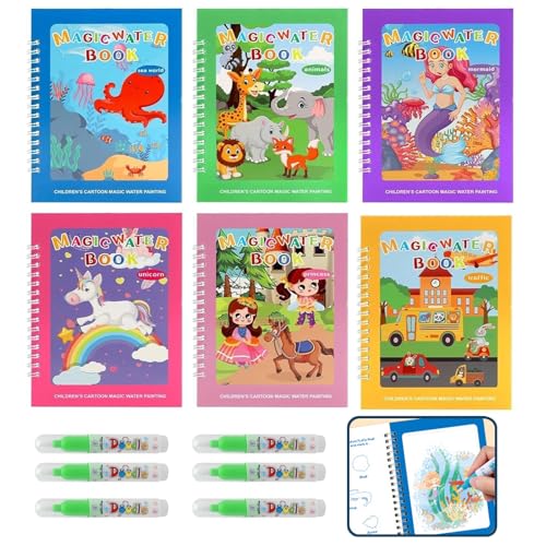 VOCDEMERI Wassermalbücher 6 Stück Magisches Malbücher mit 6 Wasserstift Wiederverwendbares Doodle Buch Magisches Malbücher Magic book Wassermalbuch Colouring für kinder Weihnachten Geschenk