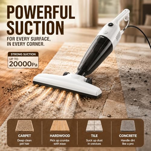 Image of FUNCCUBE Vacuum Cleaners for Home - Corded Stick Vacuum Cleaner, High Power Suction Vac for Pet Hair Carpet Hardwood Floor, Household Hand Lightweight Handheld Portable Car Vac,MC White