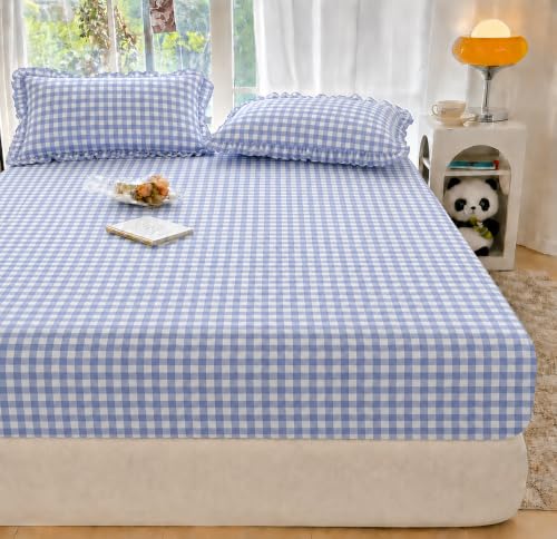 Image of VOMZER Queen Size (60x78) 300 TC Soft Cotton Feel Microfiber All Around Elastic Fitted Double Bedsheet with 2 Frill Pillow Covers | Lavender Check