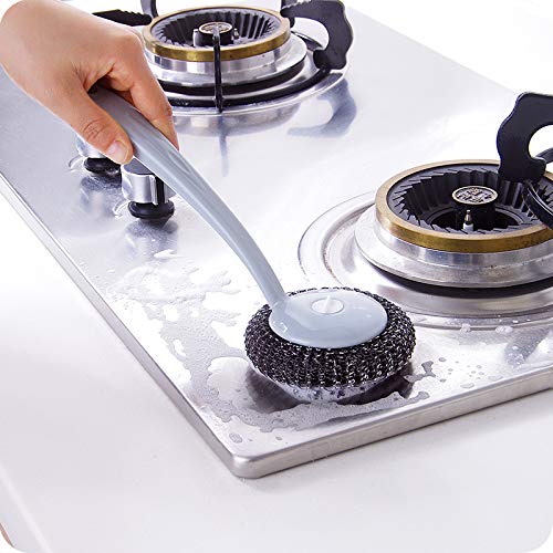 Kitchen Stainless Steel Sponges Scourer Set with Handle Pack of 8, Pot Brush, Large Stainless Steel Scrubbers - Metal Scouring Pads Kitchen Cleaning Tool,Nordic Blue