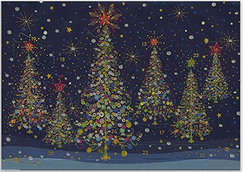 Calendrier de l'Avent avec petites portes - Belle carte de vœux avec enveloppe pour la période de l'Avent et pour Noël (bleu foncé : arbres de Noël) Cover