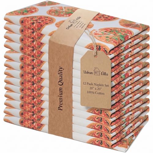 Urban Villa Cloth Napkins 100% Cotton Highly Absorbent Washable Durable Reusable Premium Dinner Napkins Ideal for Gifts for Mothers Day Hotel Farmhouse Parties - Pizza (20" x 20", Set of 12)