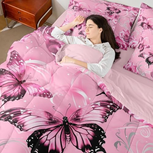 Image of Feelyou Cute Butterfly Comforter Set with Sheets 7 Piece Full Size 3D Butterflies Bedding Set for Kids Boys Girls Galaxy Dreamy Bed in a Bag Glitter Rose Floral Room Decor Soft Microfiber