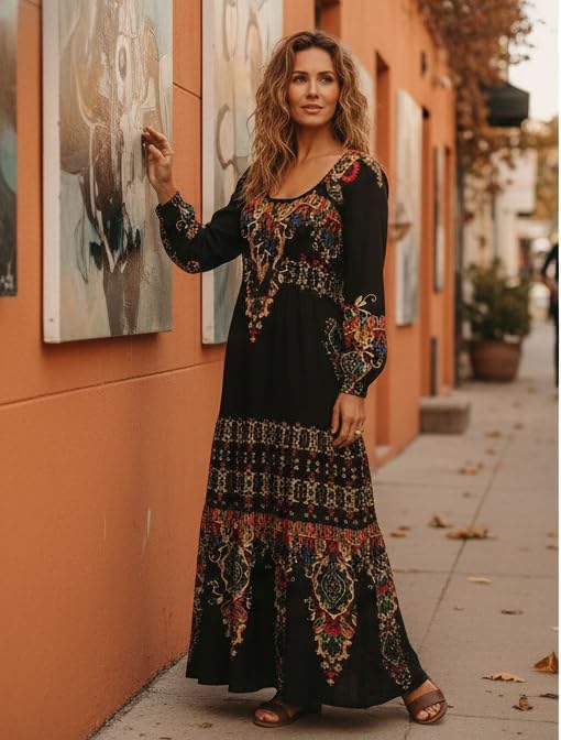 Womens Black Boho Paisley Maxi Dresses Long Sleeve Ethnic Scoop Neck Skirt Vintage Flowy Party Festival Spring Dress - Image 2