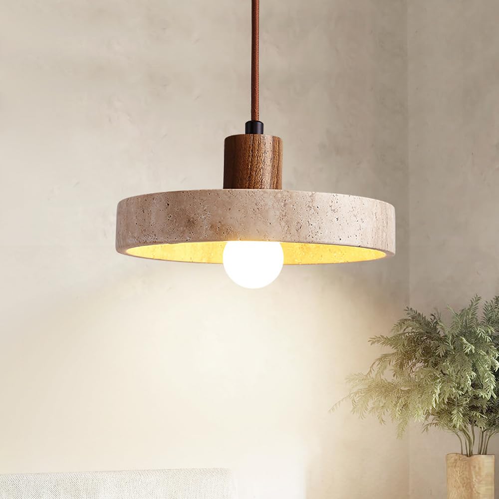 Luminaire suspendu rond, îlot de cuisine, lampe à suspension en pierre de grotte jaune, tasse en bois, éclairage de plafond suspendu long et réglable, lustre rétro Wabi Sabi en travertin jaune, lampes