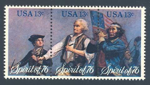 Strip of 3 collectible USA Bicentennial Stamps: Spirit of '76 by Archibald Willard, Scott s 1629-31