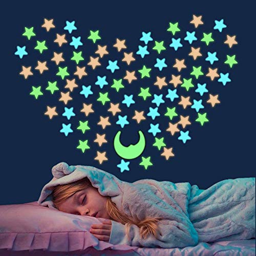Fluorescent Stars Celling Decals Wall Stickers - Glow in the Dark 150 Stars and a Moon Decor, Plastic Star Removable Murals Decals for Ceiling, Kid's Room, Wall, Bedroom Decorations