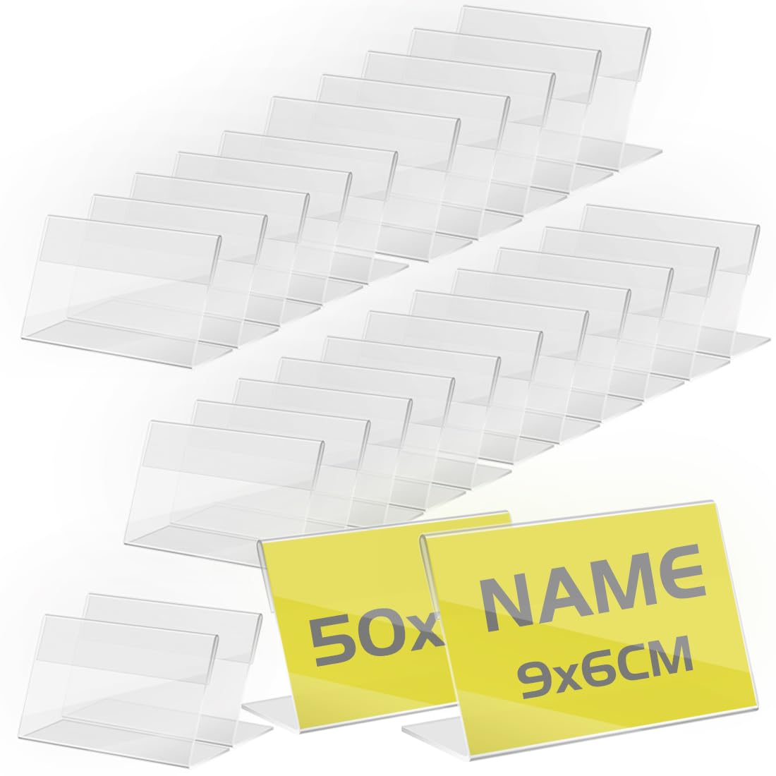 TAPKUA Expositor Metacrilato Transparente, Soporte de Escritorio, Porta Precio de Etiqueta para Oficinas Comercios Supermercados Restaurantes (50 Piezas - 9x6cm)