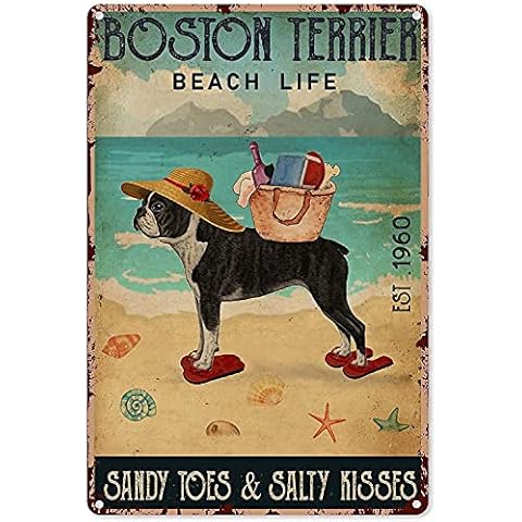 UOAIUDT Vintage Boston Terrier Dog Metal Plaque Poster Boston Terrier Dog Beach Life Retro Metal Tin Sign Plaque Wall Decor Gift For Bathroom Restaurant Farm Bedroom Cafe School 12x16 Inch Cover