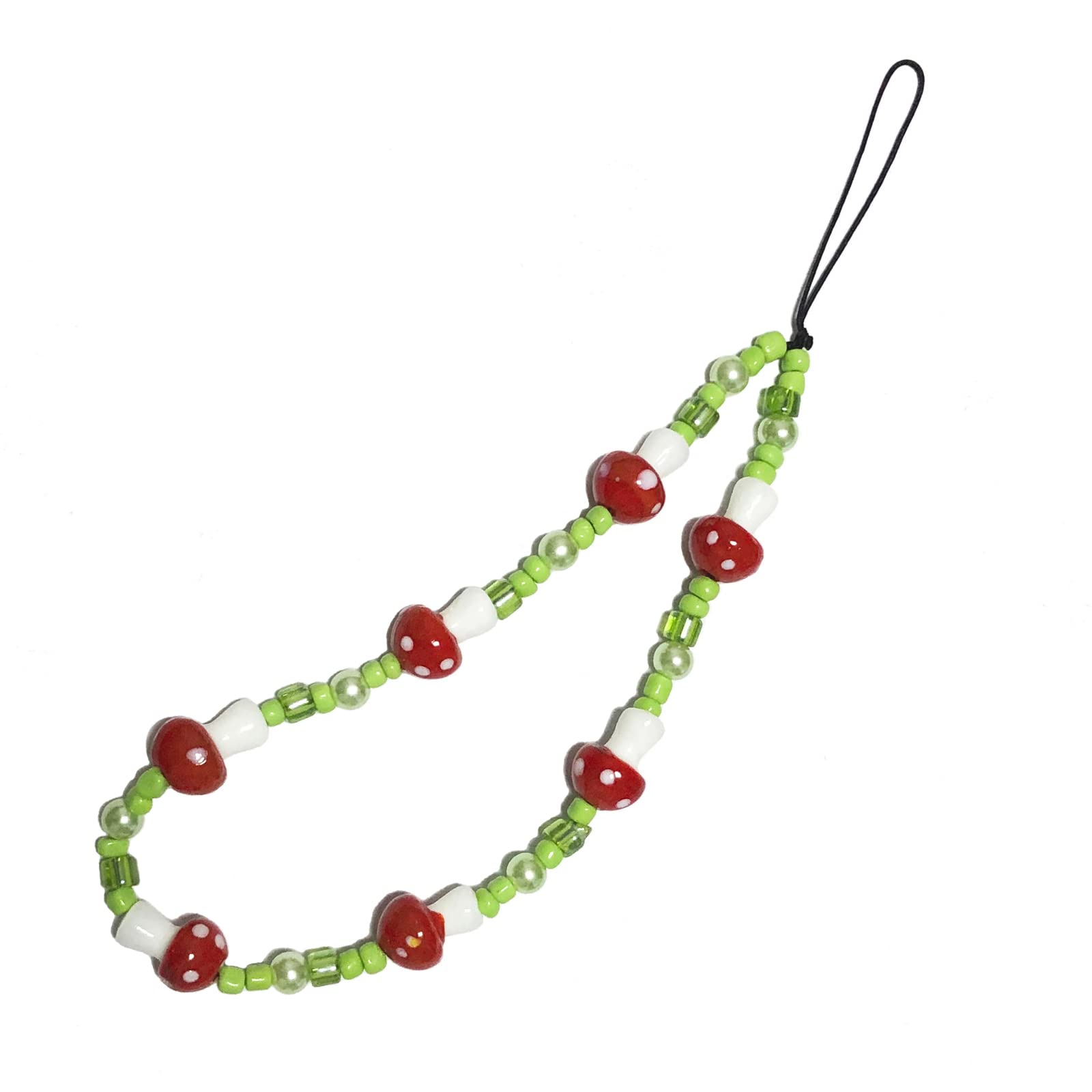 HOLAOCT Green Phone Charm/Chain Cute Mushroom Phone Charms Wrist Strap Beaded Keychain Aesthetic Pearl Lanyard for Camera Bag Women Ladies